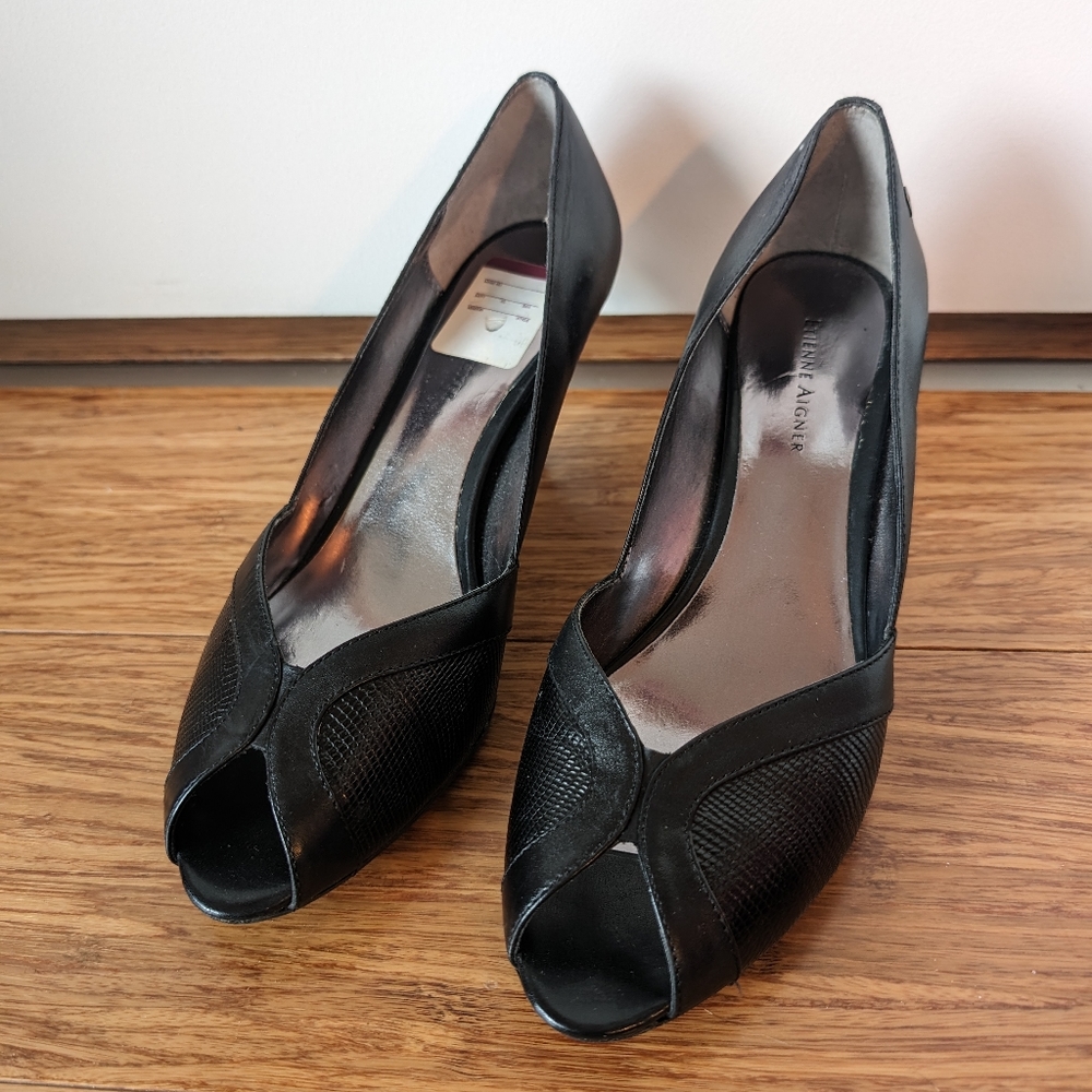 Etienne Aigner Black Leather Peep Toe Heels 8M